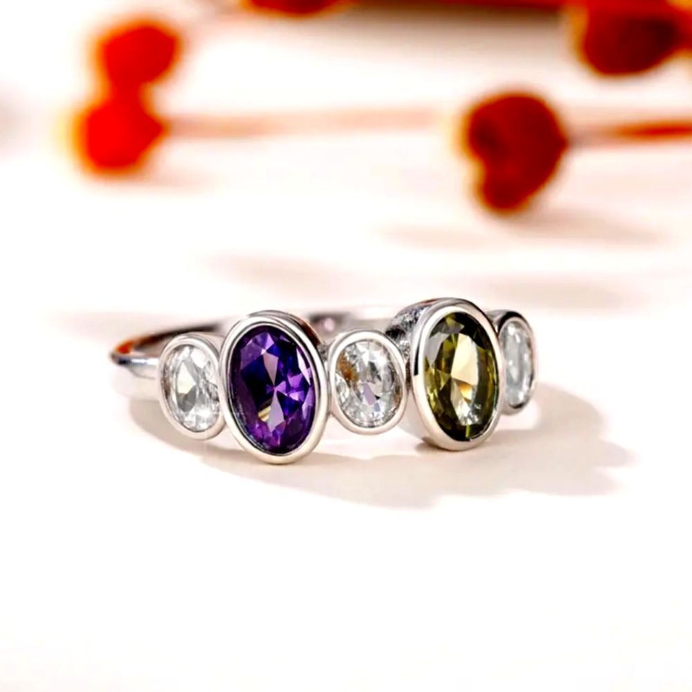 Amethyst Peridot Oval Silver Plated Ring